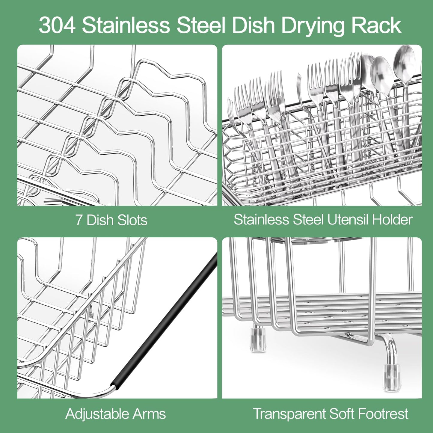 Fanbsy Large Dish Drainer Rack in Sink Adjustable, Expandable 304 Stainless Steel Metal Dish Drying Rack Organizer with Stainless Steel Utensil Holder Over Inside Sink Counter, Rustproof
