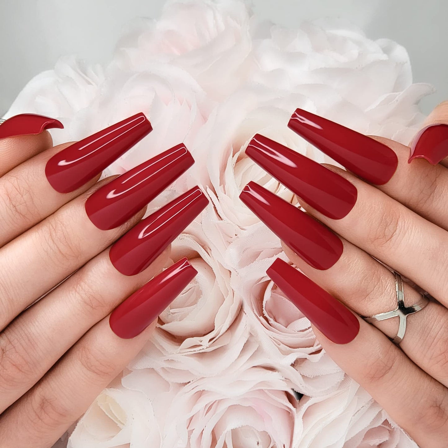 Hypnaughty 24 Pcs Passion Red Gloss Extra Long Press On Nails and Glue XL Reusable Solid Color Crimson Red False Nails (Passion)