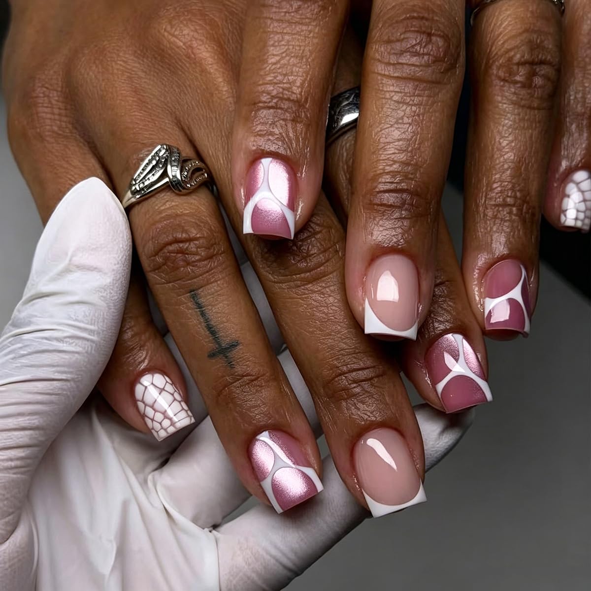 Short Square Press on Nails White French Tip Nails Press ons with White Line & Croc Print Design Nude Base Fake Nails Reusable Full Cover Stick on Nails for Women Manicure 24Pcs