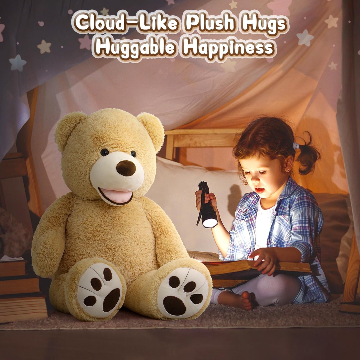 MorisMos Smiling Giant Teddy Bear, 39inch Big Stuffed Animal Bears with Large Footprints Plush, Gift Kids Girlfriend Boyfriend, Light Brown