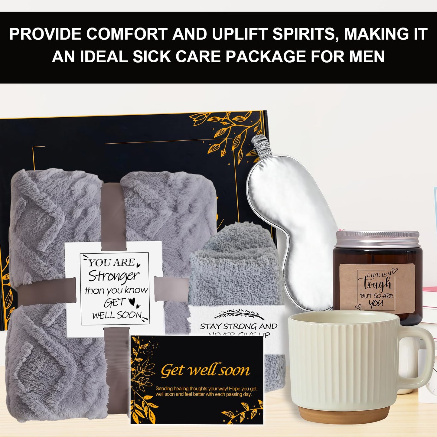Get Well Soon Gifts for Men Care Package with Blanket, Socks, Eye Mask, Mug, Scented Candle, After Surgery, Sympathy Gift Baskets for Sick Him Brother Relatives Friends (Black)