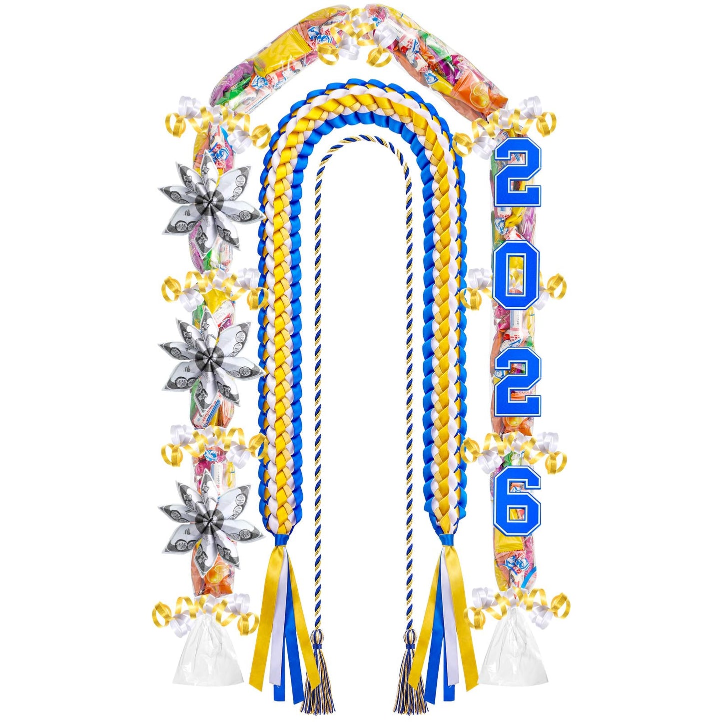 Spakon 13 Pcs Graduation Leis 2026 Graduation Candy Lei Kit Class of 2026 Ribbon Double Lei Necklace Party Accessories(Blue,White,Gold)