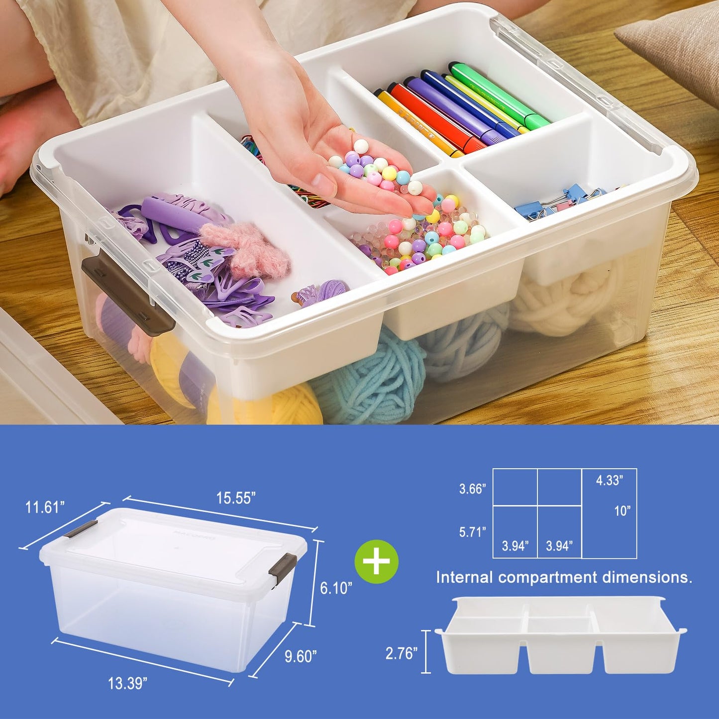 MACOPRO 17 QT Plastic Storage Box with Removable Tray, Bins with Lids, Clear Storage Container for Craft Supplies, Beads, Tools, Sewing, and Playdoh Organization (White, 1Pack-17QT)
