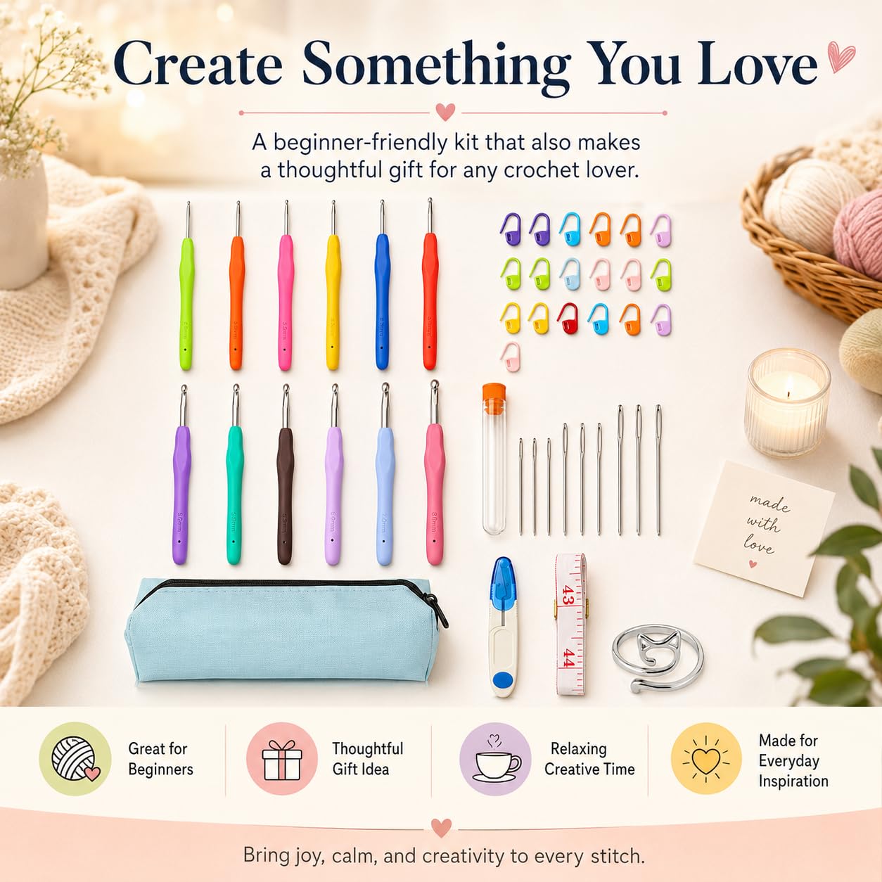 Crochet Hooks 12 Sizes Crochet Hook Set, 50 Pack Yarn Crochet Kit for Beginners, Knitting Needles with Ergonomic Handles for Arthritic Hands, Crochet Needle Kit with Blue Case for Crocheters
