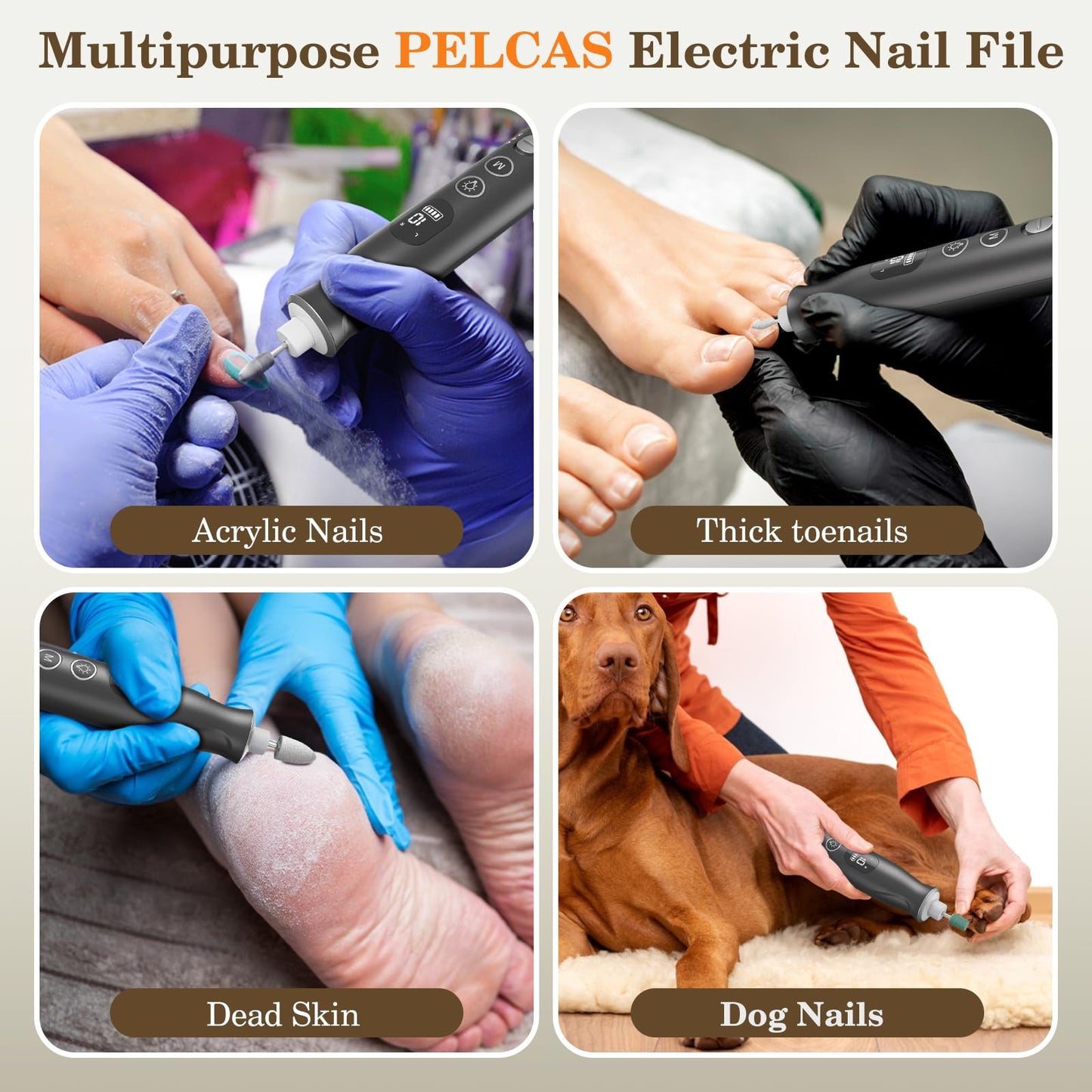PELCAS Electric Nail Grinder, 10 Speeds Cordless Nail Drill with LED Light, Portable Manicure and Pedicure Kit, Nail File with LCD Screen for Human, Pet, Thick Toenails, Natural & Acrylic Nails Grey