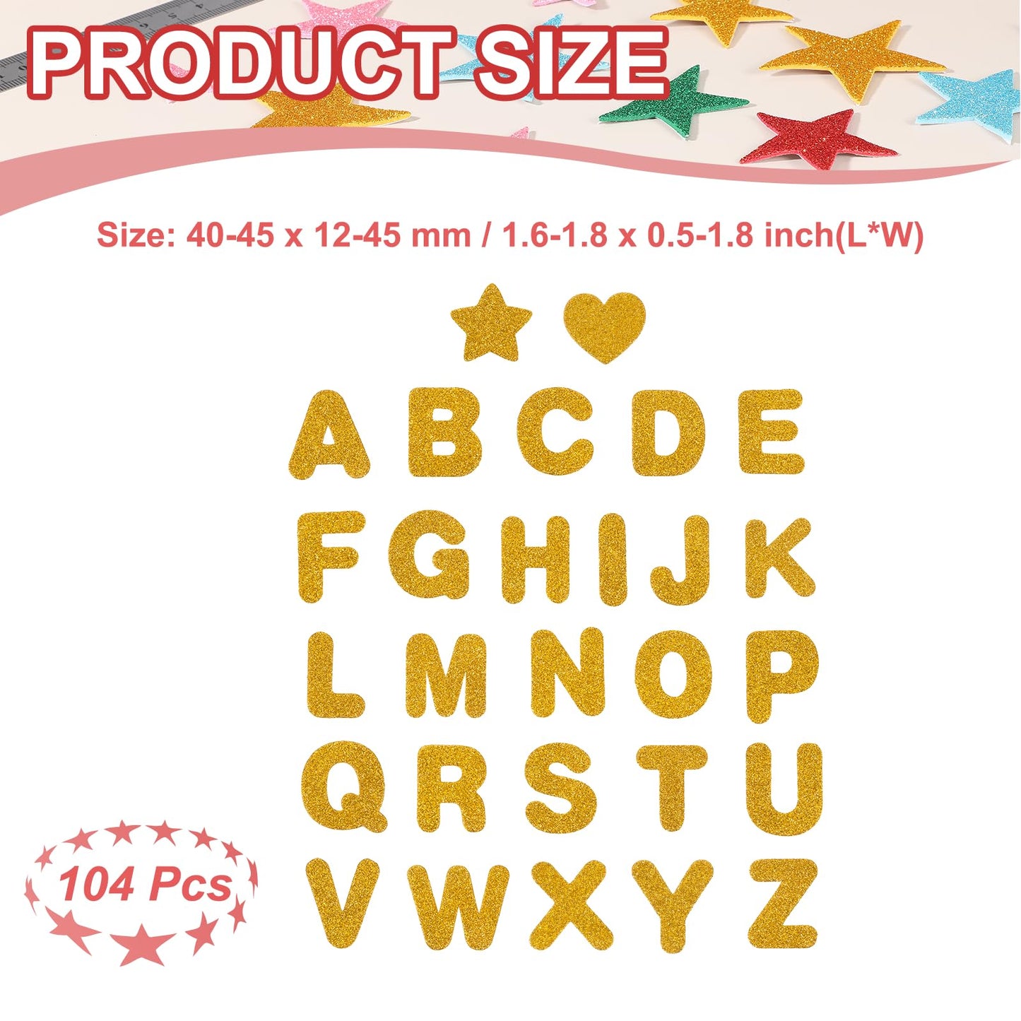 PATIKIL Alphabet Foam Stickers, 104Pcs Letters A-Z EVA Self Adhesive Glitters Foam Shape Sticker Craft Supplies for Scrapbook Card DIY Making Home Decor, Golden