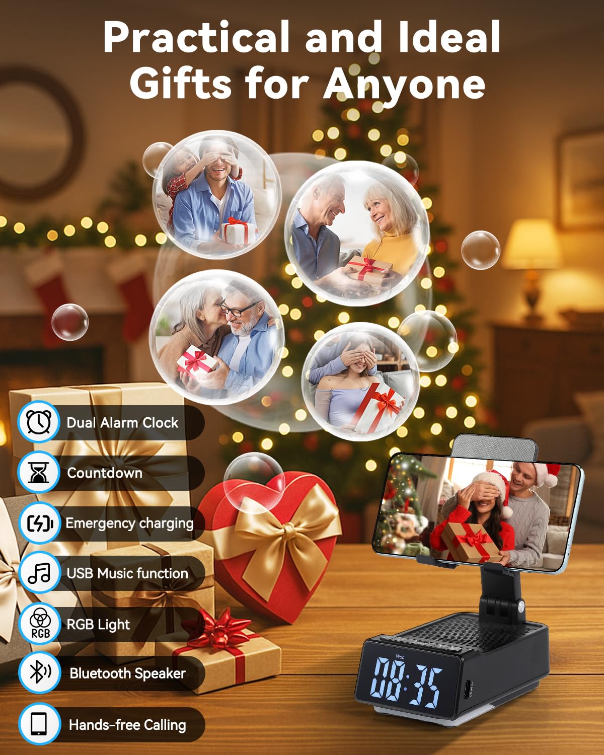 Father's Day Gifts for Dad, Birthday Gifts for Men, 7 in 1 Phone Stand Bluetooth Speaker with Alarm Clock, Wireless Charger, Light, USB Playback & Hands-Free Calling