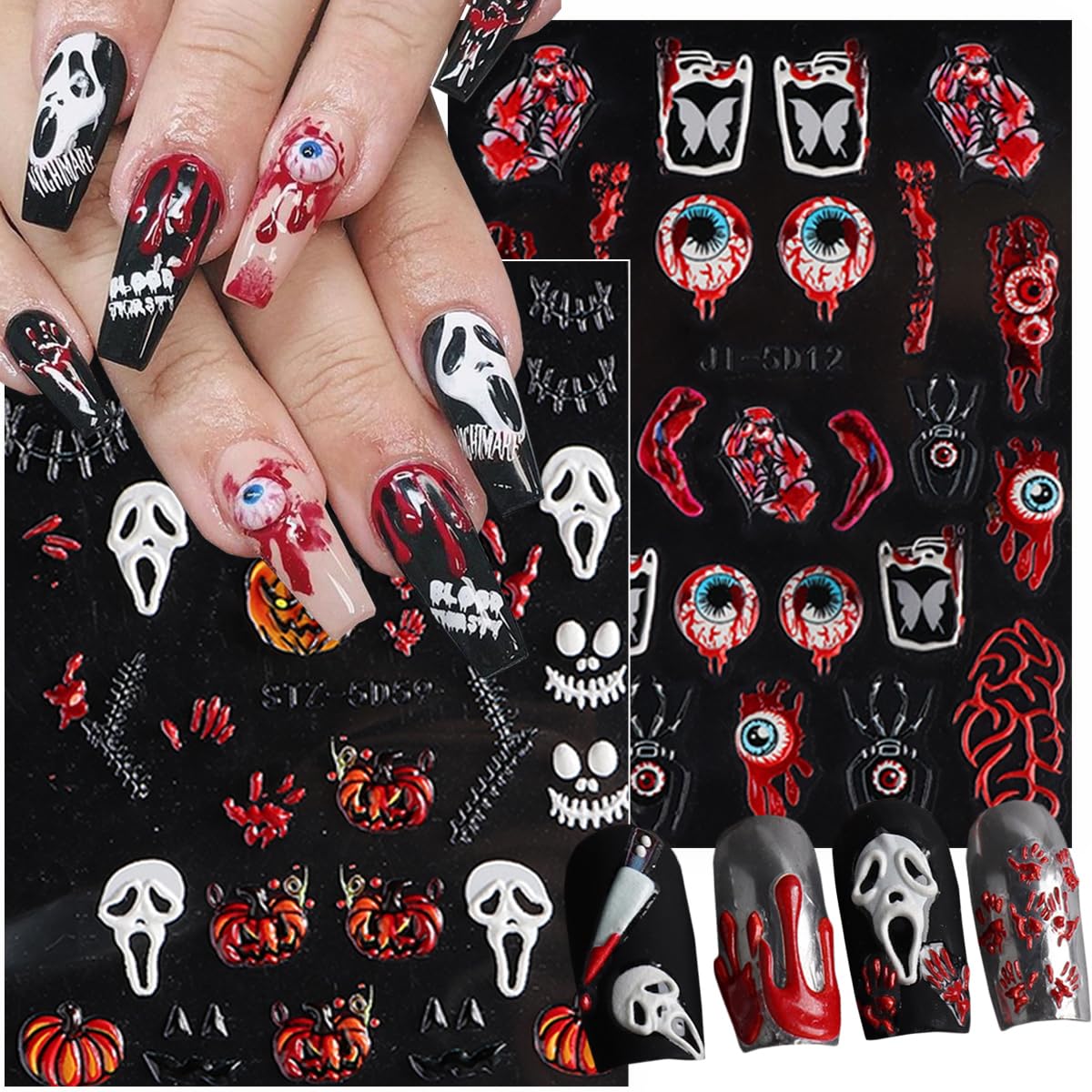 8Sheets Halloween Nail Stickers for Nail Art 5D Embossed Skull Ghost Nail Decals Self-Adhesive Pumpkin Spider Bat Eyes Skeleton Designs Horror Goth Nail Art Stickers for Women DIY Manicure Decoration
