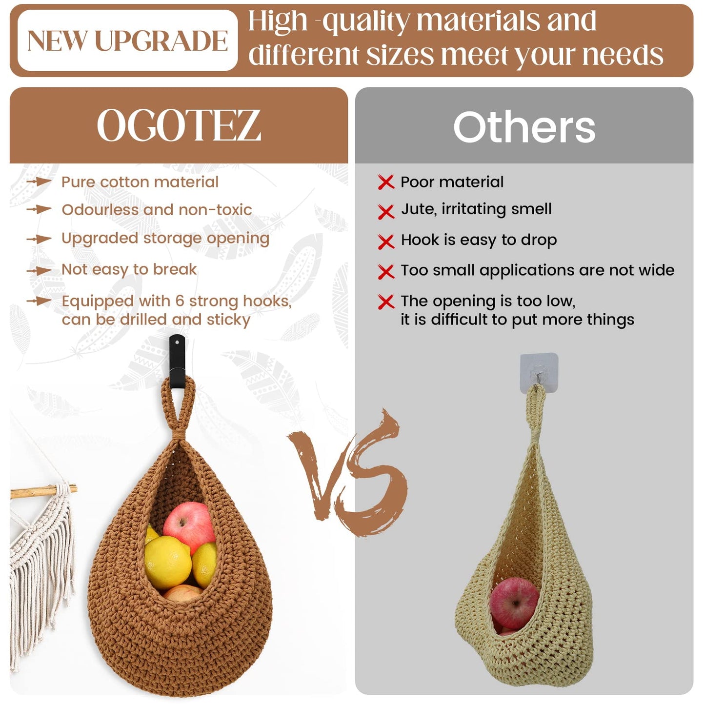 Boho Decor Hanging Fruit Baskets for Kitchen - 3 Pack Wall Hanging Basket with 6 Pcs Strong Hooks, Handwoven Hanging Holder Teardrop Produce Basket for Fruits Vegetable Potato Onion Storage (Linen)