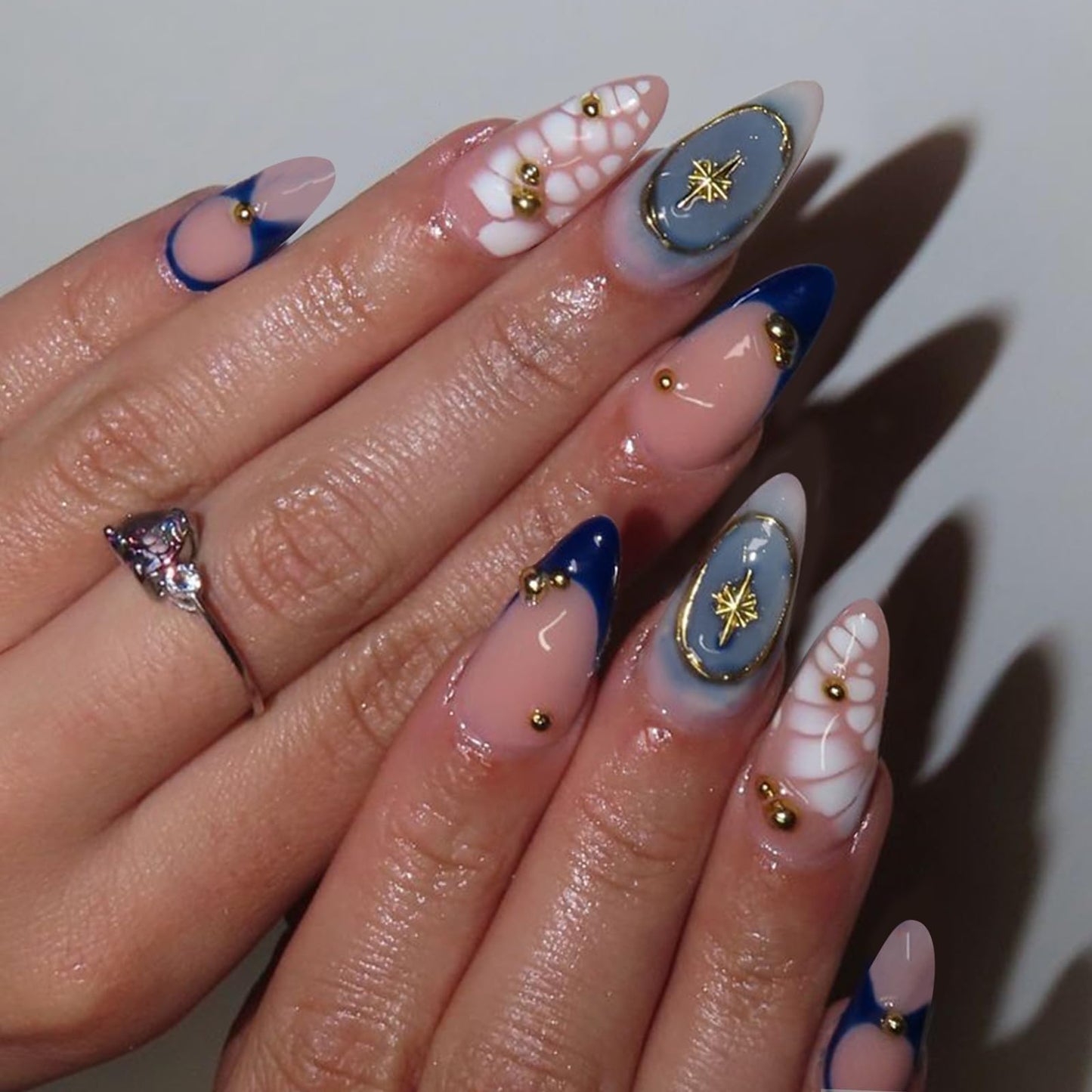 VOTACOS 24PCS Dark Blue French Tip Press on Nails Almond Medium Nude Acrylic Fake Nails Press Ons with Designs Golden Bead Star Glue on Nail for Women Blush Reusable Artificial Stick on False Nail