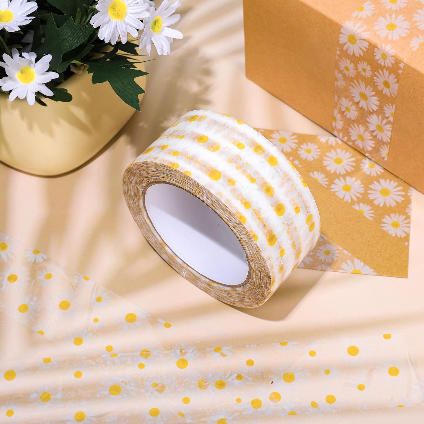 Whaline 109 Yard Groovy Daisy Packing Tape White Boho Flower Pattern Tape Waterproof Floral Shipping Tapes for Small Business DIY Crafts Box Carton Decor
