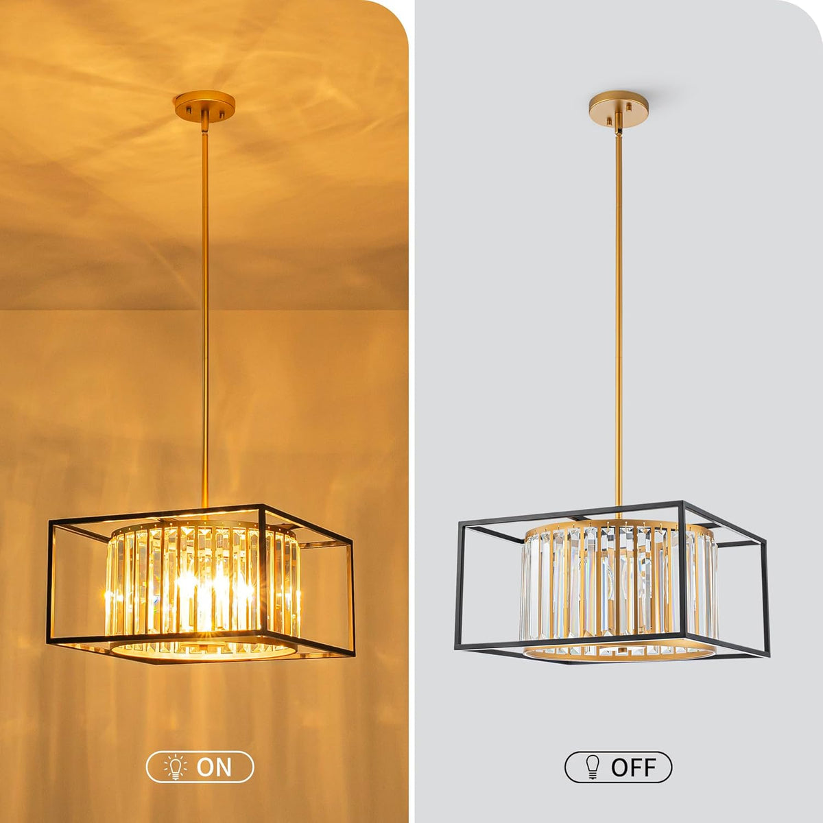 5-Lights K9 Crystal Chandelier, Modern Style Pendant Light Fixture for Dining Room, Bedroom & Living Room, Gold & Black Finish, L16.5 * W16.5 * H12~48 inch (Adjustable Height)