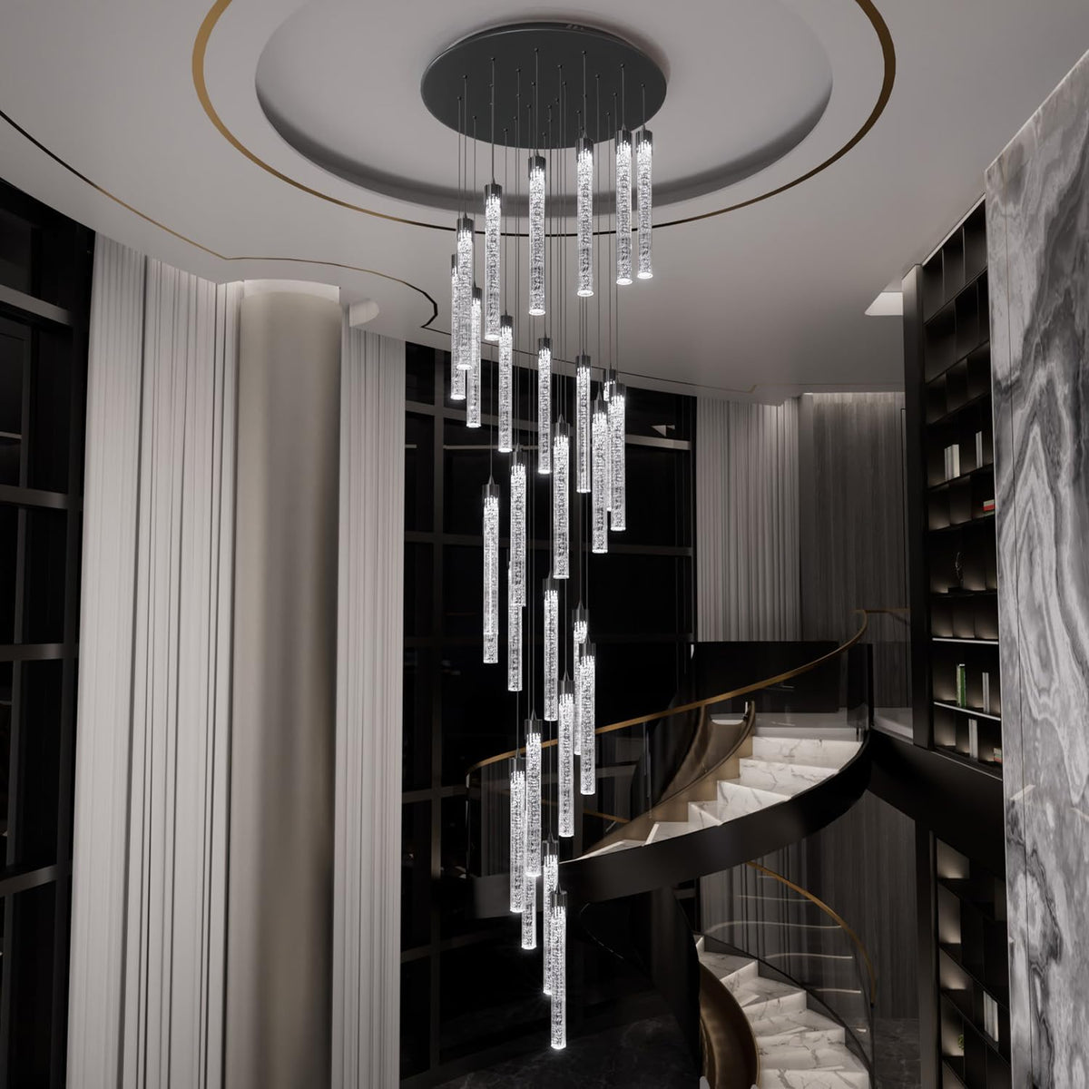 H150'' Modern Chandelier Modern Led Chandeliers Foyer Chandelier Stairs Large Chandelier Adjustable Black Chandeliers Pendant Lighting Fixture Hanging Ceiling Light