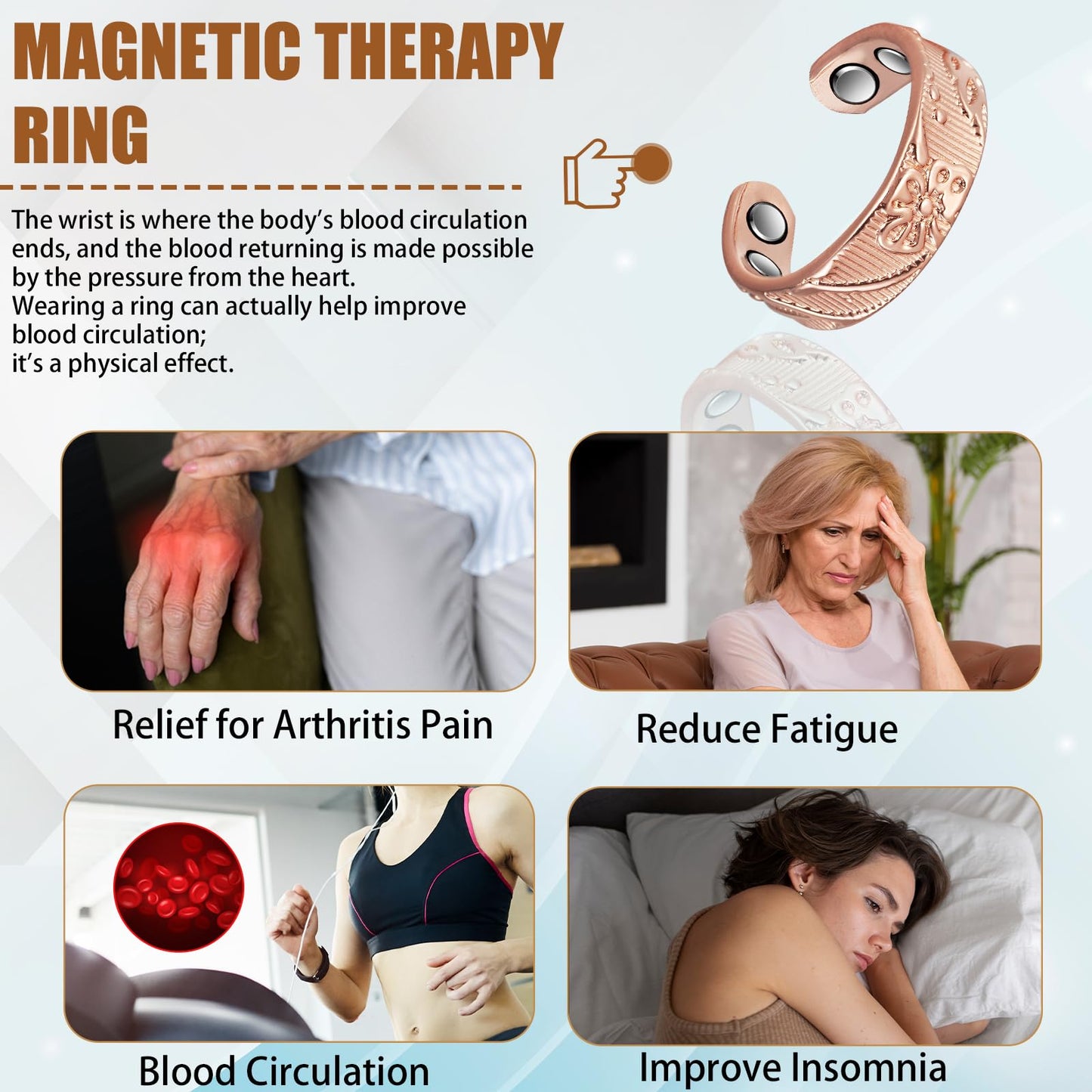EnerCoppeX Copper Magnetic Ring for Women, Lymphatic Drainage Adjustable Ring, 3500 Gauss Magnet (J)