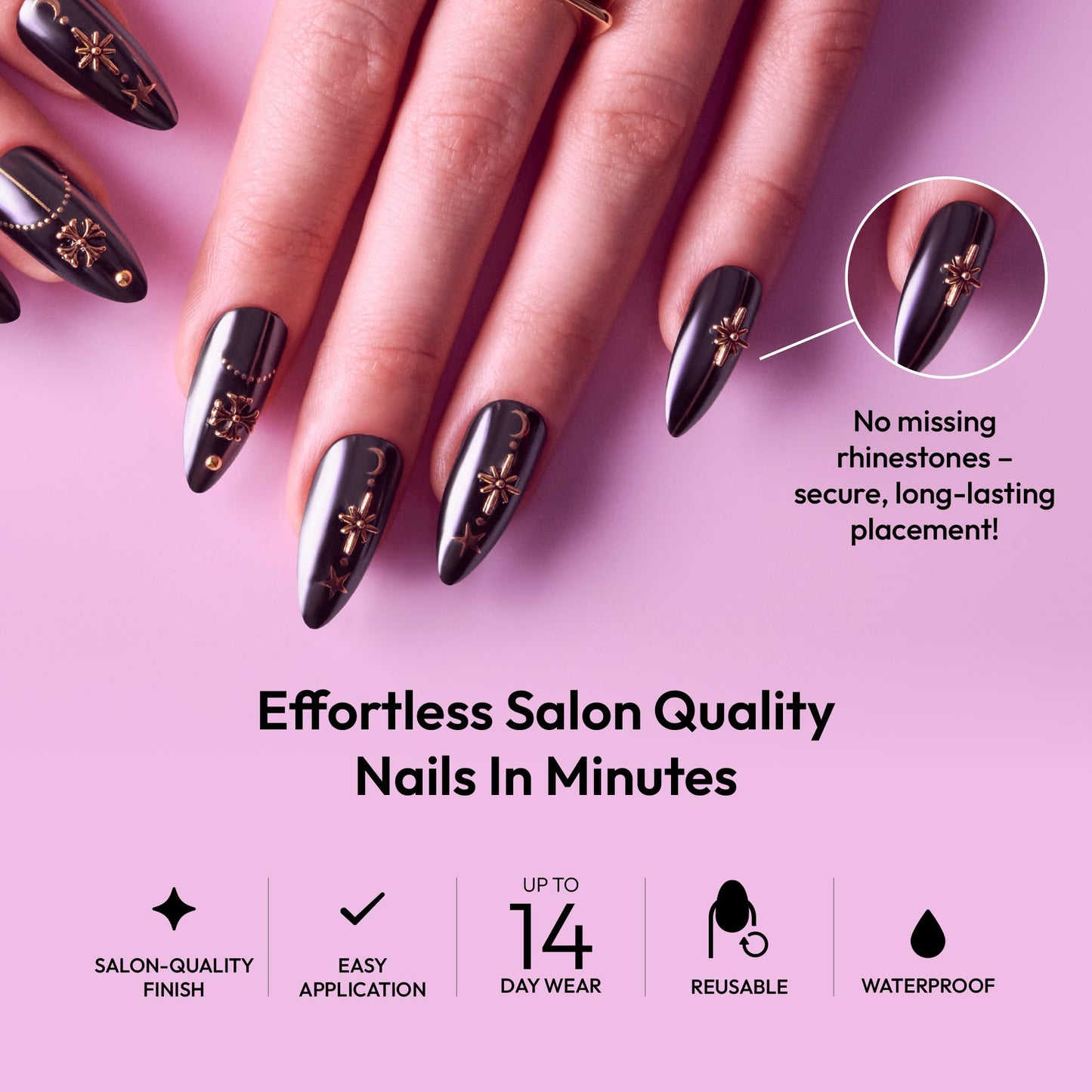 Glitzy 3D Handmade Press On Nail Kit, Rhinestone Gem Black Chrome Long Almond False Nail, Reusable & Lasts Up To 2 Weeks, Seamless Snug Fit Technology, Includes Glue, File & 28Pcs Manicure Set