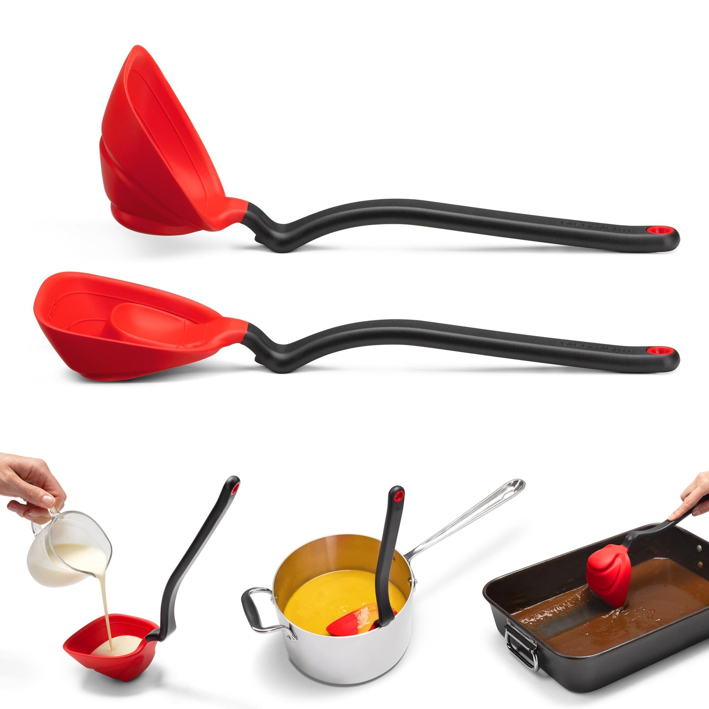 Dreamfarm Fladle Fold-Flat, Space-Saving Serving & Cooking Ladle Measures up to 1/2 Cup with Silicone Scraping Squeegee-Tip - 12" Red