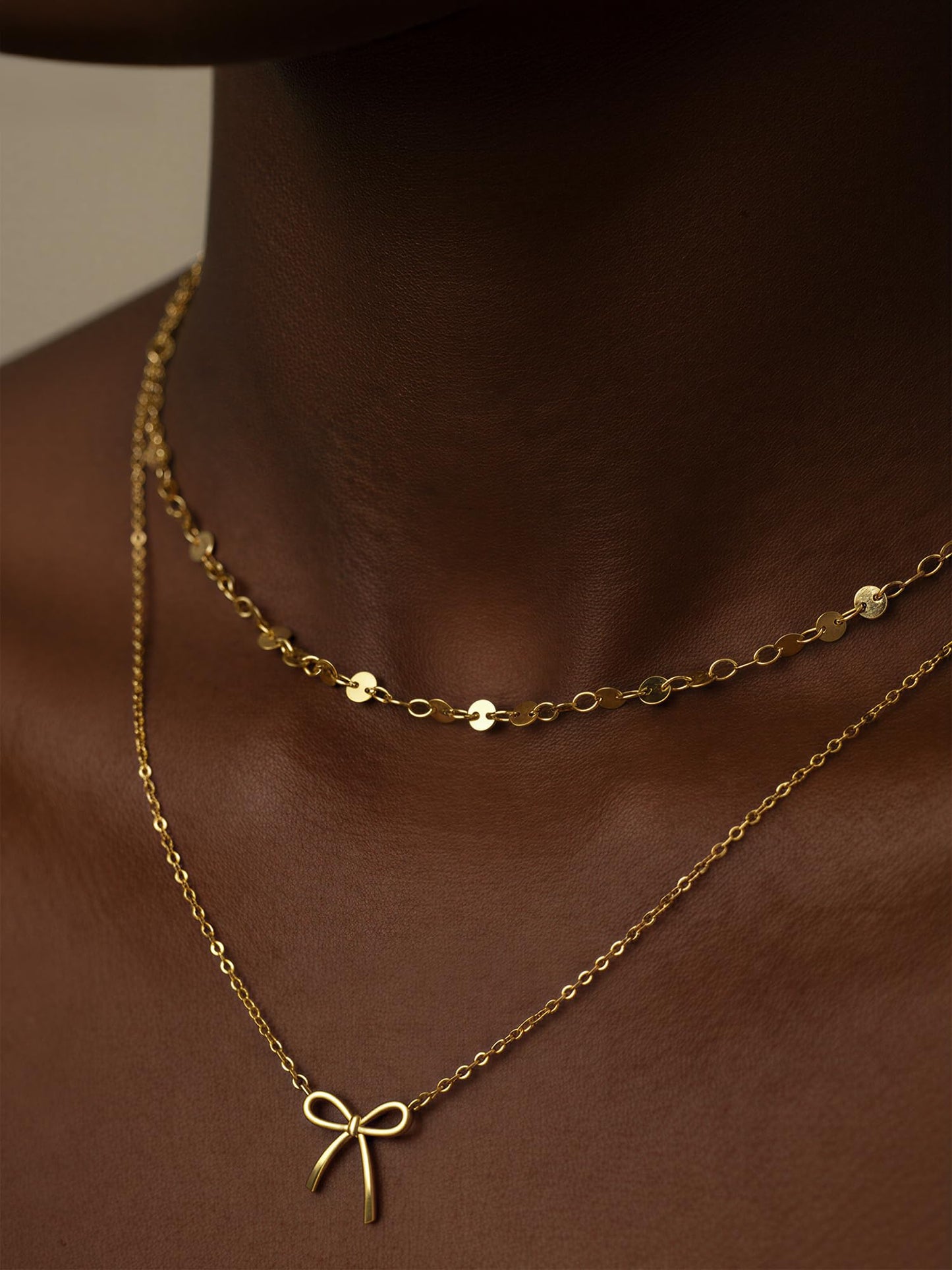 MSCHA HOME Gold Necklace for Women Stack Trendy Non Tarnish Disc Choker Chain Bow Pendant 14K Gold Plated Simple Dainty Double Layered Jewelry Set Gift
