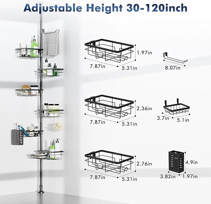 Shower Caddy Corner Organizer Tension Pole Adjustable 30-120 Inches Corner Shelf with Towel Rack, Toothbrush Holder, Soap Dish for Bathroom Organizers and Storage