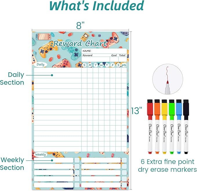 Clever Clean Dry Erase Chore Chart for Kids, Reusable Reward Chart, Non-Magnetic Kids Chore Board Clings to Any Smooth Surfaces, 6 Dry Erase Markers Included (Video Game)
