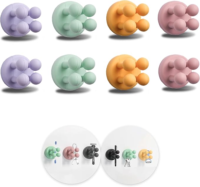 8Pcs Silicone Toothbrush Holders for Bathrooms,Waterproof Self Adhesive Multifunctional Hook for Hanging Towel Key Plug Cable for Bathroom Kitchen Living Room Office PurplePinkGreenYellow