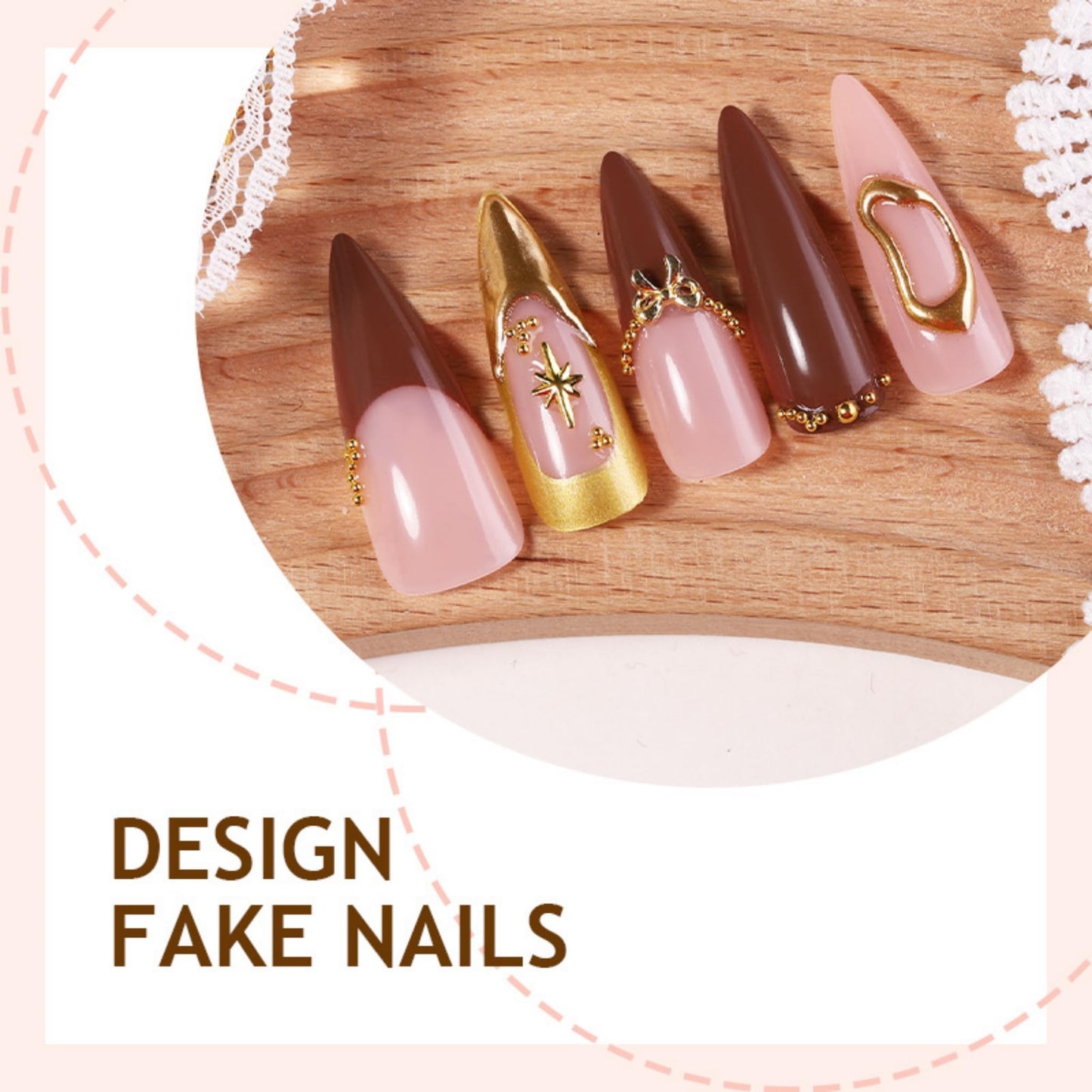 Long Press on Nails Almond Fake Nails Brown Acrylic Nail Press ons SEENEEY Long Stiletto Gold Charm Stick on Nail for Women 24pcs
