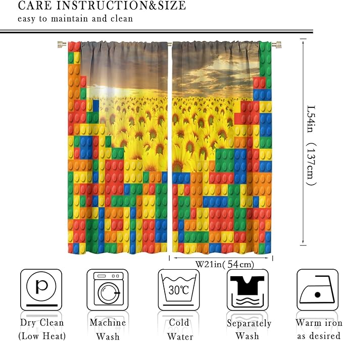 Colorful Building Blocks Sunflower Flower 3D Toy Printed Curtains, Building Blocks, Floral Sunflower Curtains, Interesting Brick 3D Design, Boys and Girls Room Curtain Panels, 2 Panels 42x54in