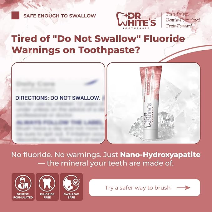 Dr. White’s Fluoride-Free nHA Toothpaste; Dentist-Formulated, Nano Hydroxyapatite + Xylitol, Sensitivity Relief Complex™, Mint-Free, Enamel Safe, Swallow-Safe (3.5 Oz, Cherry Bloom)