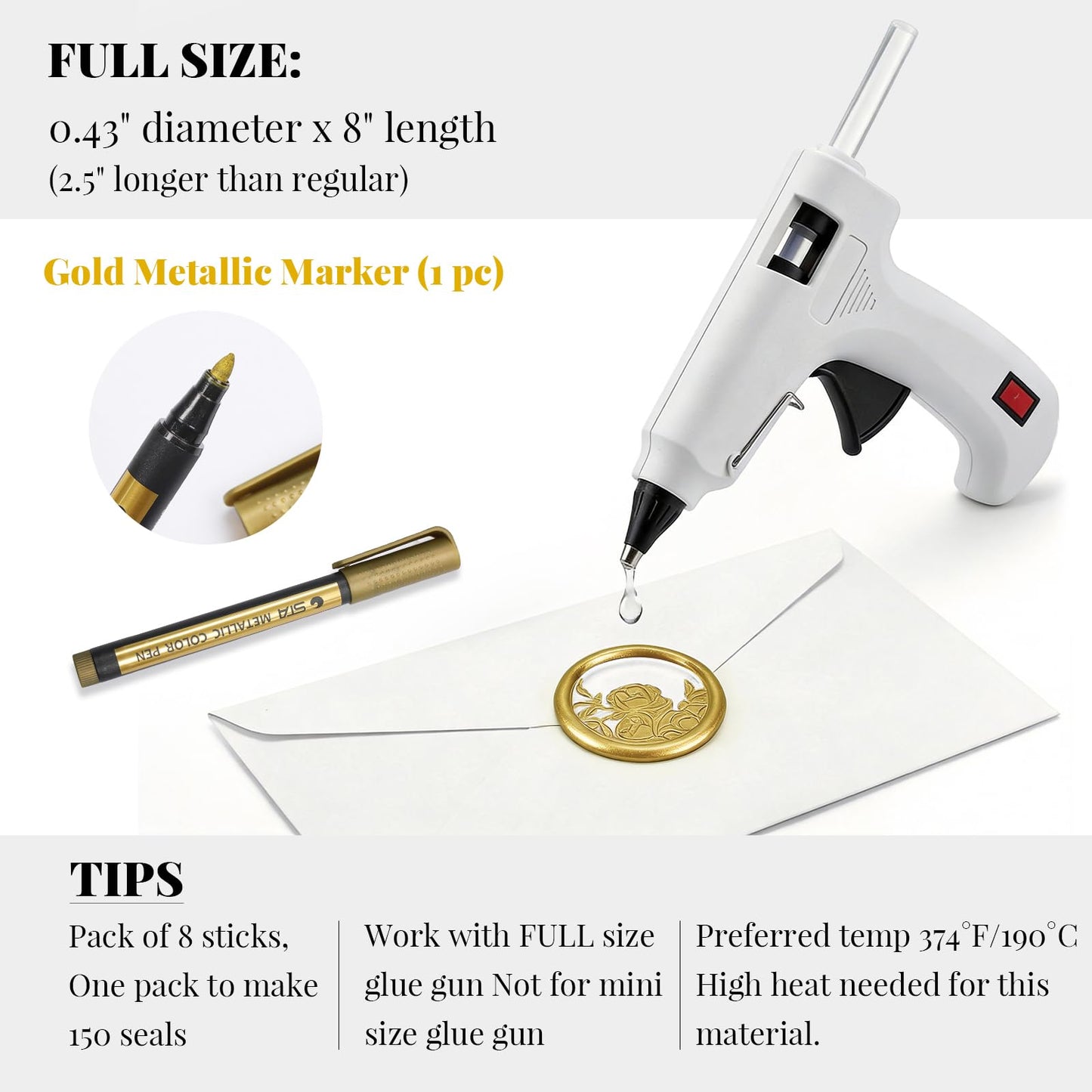 UNIQOOO Crystal Clear Glue Gun Wax Seal Sticks with Gold Metallic Marker for Wax Seal Stamp; Transparent Sealing Wax for DIY Craft, Wedding Invitations, Envelopes, Gift Ideas, Pack of 8