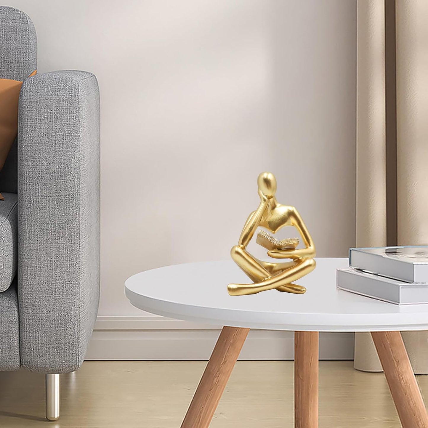 Chiorgone Golden Abstract Thinker Reading Sculpture - Resin Desktop Statue for Home Office Decor & Intellectual Gift (Contemplative Right Pose)