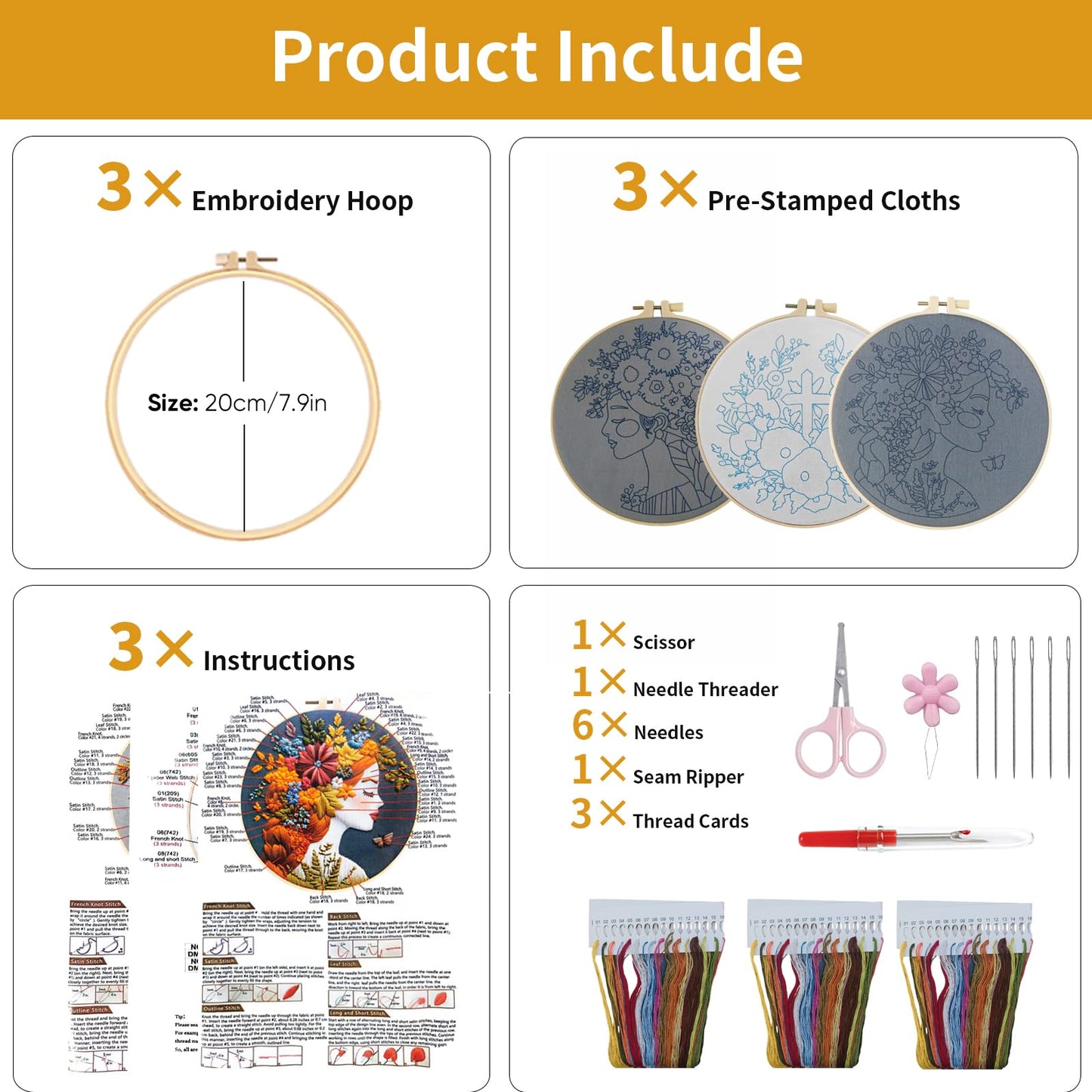 LYMIGER Floral Embroidery Kit for Adults, Flower Pre-Stamped Pattern Embroidery Kit for Beginners with Hoop Colorful Thread Needle Instruction, 7.9'' Hoop (Brown+Gold+Red)