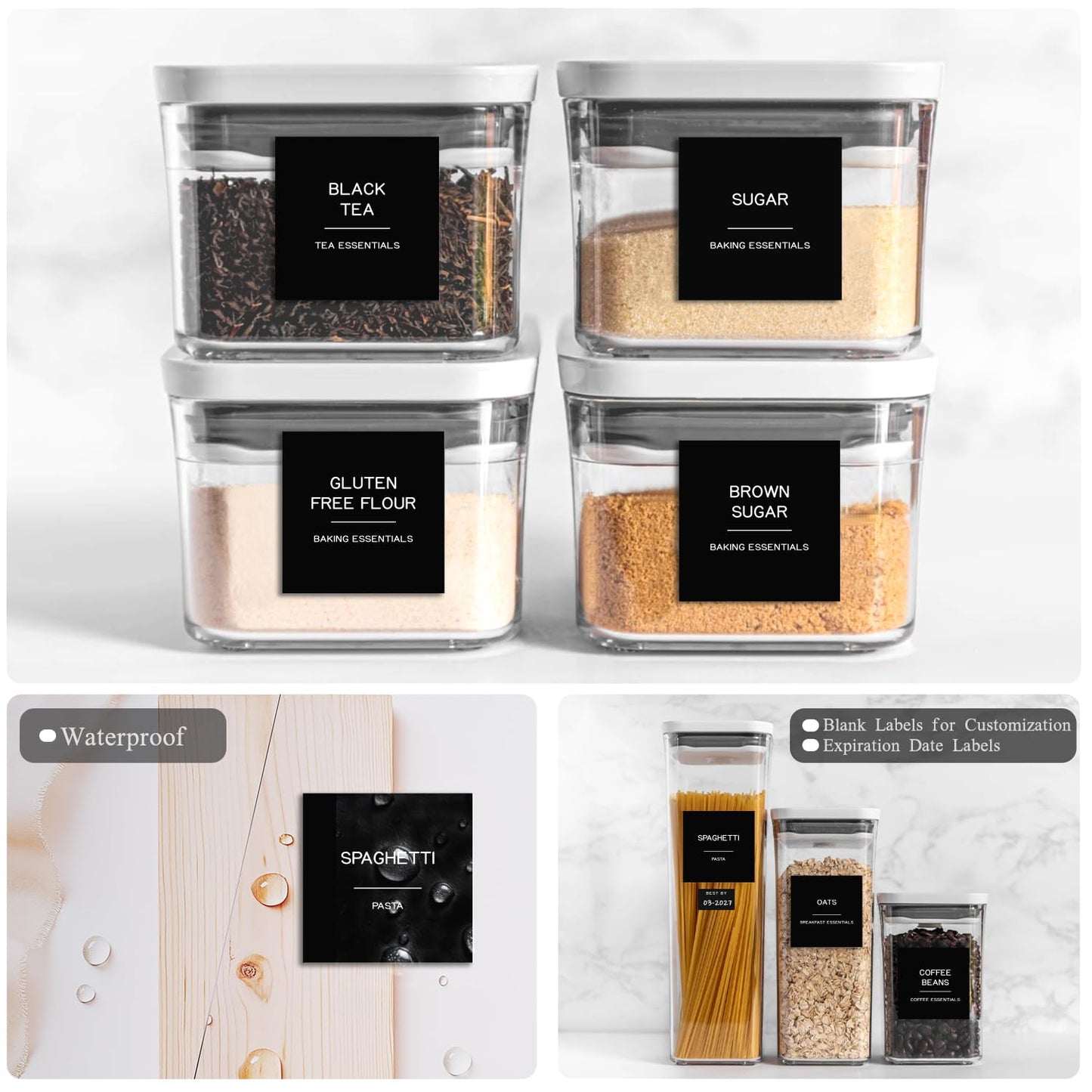 Kuocodall 288 Pantry Labels for Food Containers, Black Preprinted Minimalist Waterproof Stickers for Organizing Storage Bins, Jars and Kitchen