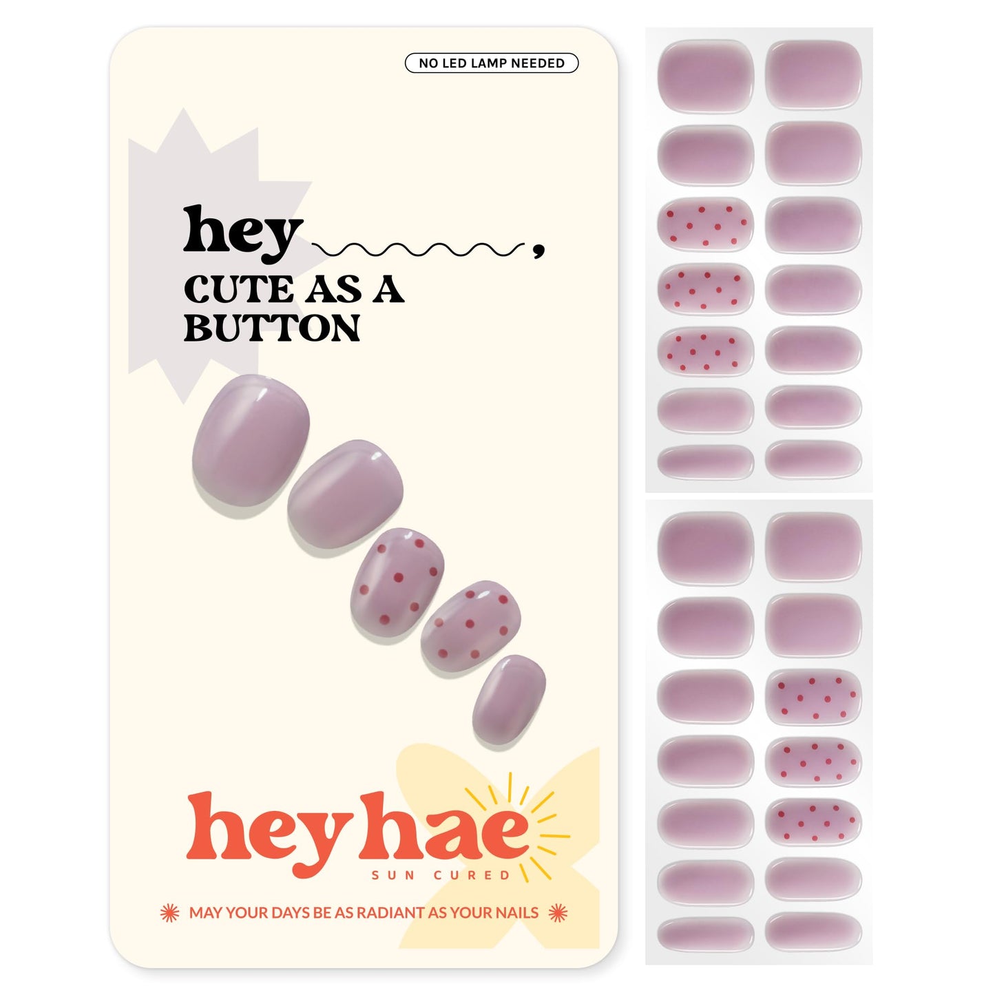Heyhae Semi Cured Gel Nail Strips | No LED Lamp Needed | Summer, Solid, Purple | Easy Apply & Remove, Salon Quality | Includes 28 Strips, 1 Prep Pads, Nail File & Wooden stick - Hey, Cute as a Button