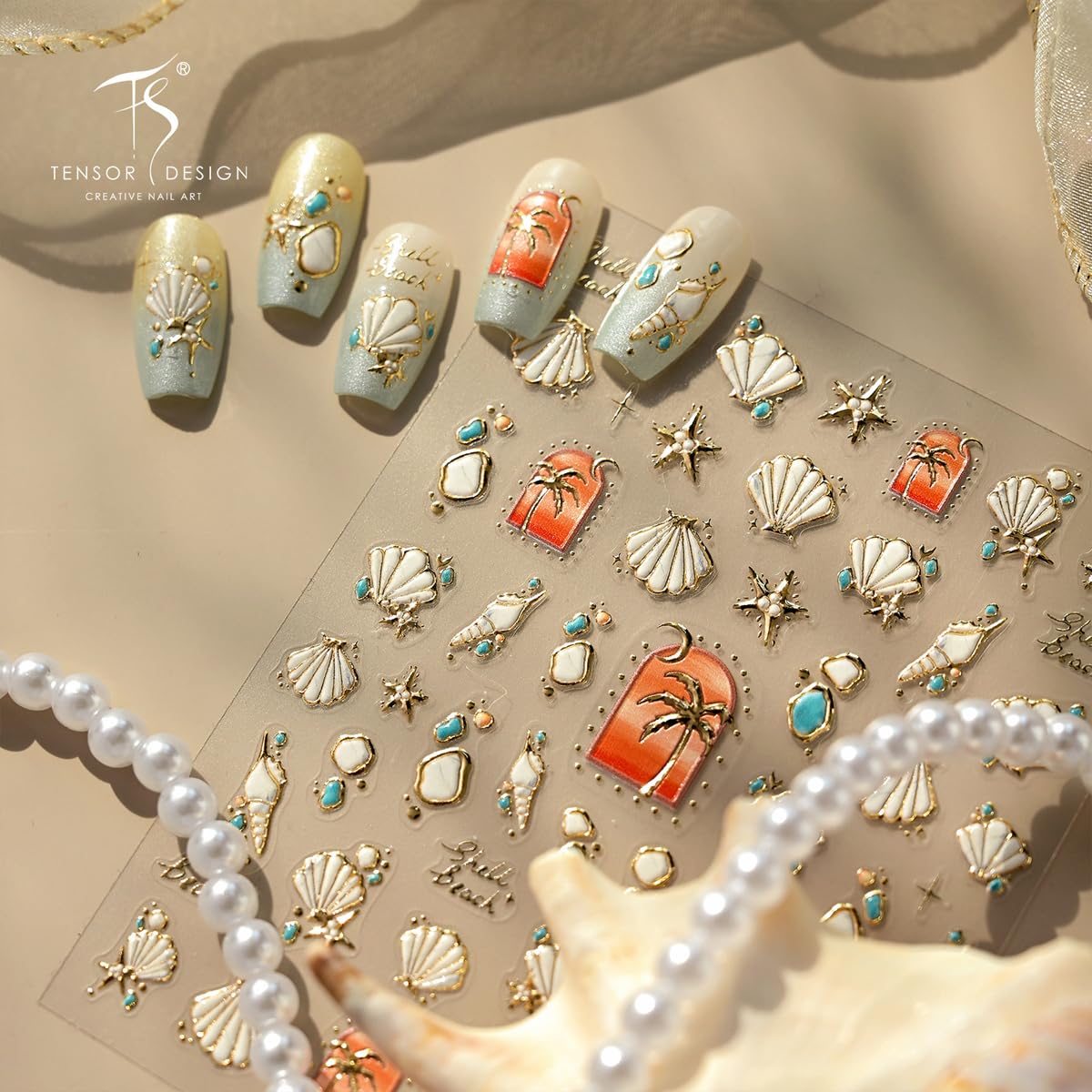 Summer Beach Nail Stickers - 5D Embossed Shell, Starfish & Palm Tree Design, Self-Adhesive Nail Art Decals for Women, DIY Manicure Supplies 1 Sheet