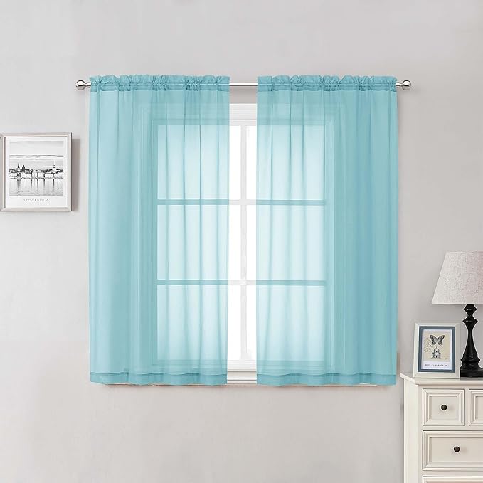 Lecloud Aqua Sheer Curtains for Bedroom 54 Inch Length 2 Pcs, Rod Pockets Solid Color Window Curtains for Living Room, Elegant Light Filtering Airy Voile Home Decor Drapes, Each Panel 42" W x 54" L