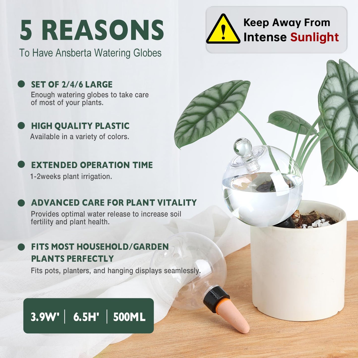 Ansberta 6 Pack Plant Watering Globes with Covers 17oz Self Watering Planter Insert, Plastic Water Bulbs, Indoor/Outdoor Plant Watering Devices for Automatic Drip Irrigation