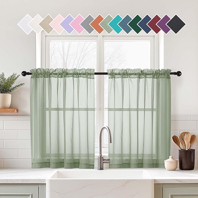 Sage Green Small Sheer Curtains Tier 24 Inches Length 2 Pieces, Light Filtering Cafe Curtains for Living Room Bathroom, Modern Window Treatments Dual Rod Pocket Panels, 2X42Wx24L Inches