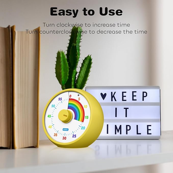 Visual Timer for Kids, 60-Minute Countdown Timer for Classroom Office Kitchen, Desk Timer Kids Time Management Tools with Silent Operation, Pomodoro Time Rainbow Pattern (Yellow)