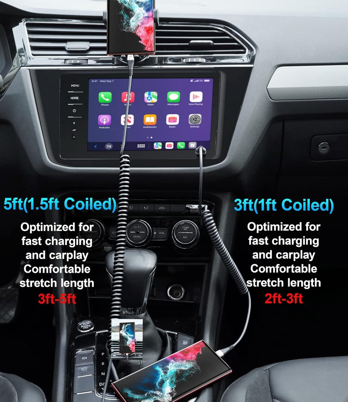 USB Type C Coiled Cable Fast Charging (3FT/5FT), 2Pack Android Auto Charging Cord for Car, Short USB A to USB C Charge Cable Compatible with iPhone 16/15/Pro Max/Samsung Galaxy S20 Note 10 and More