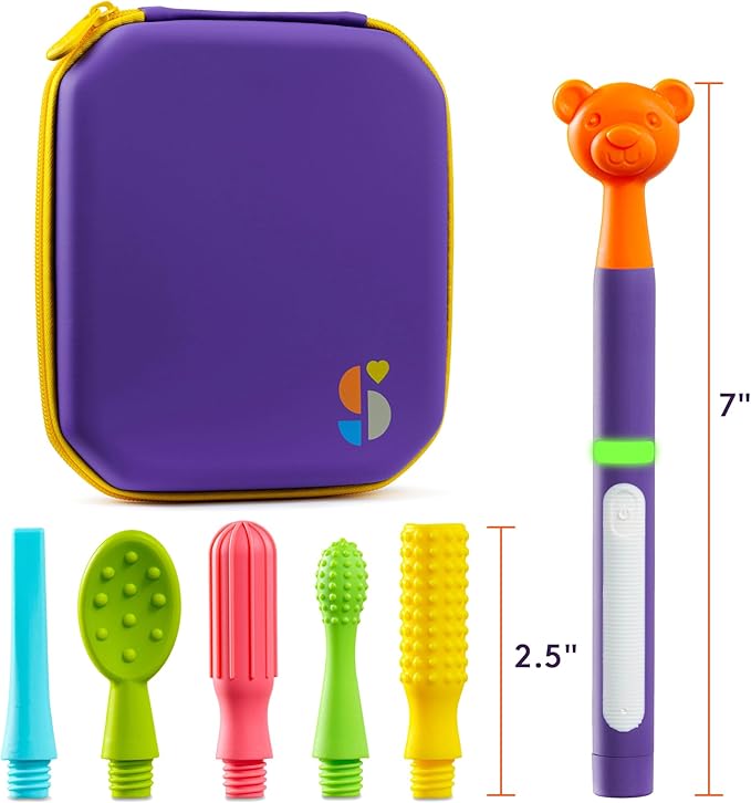 Special Supplies Buzz Buddy Oral Motor Stimulation Kit with 6 Soft Textured Interchangeable Heads, Calm Sensory Needs, Support Speech, and Stimulate Self Feeding, Gentle Vibrations (Purple)
