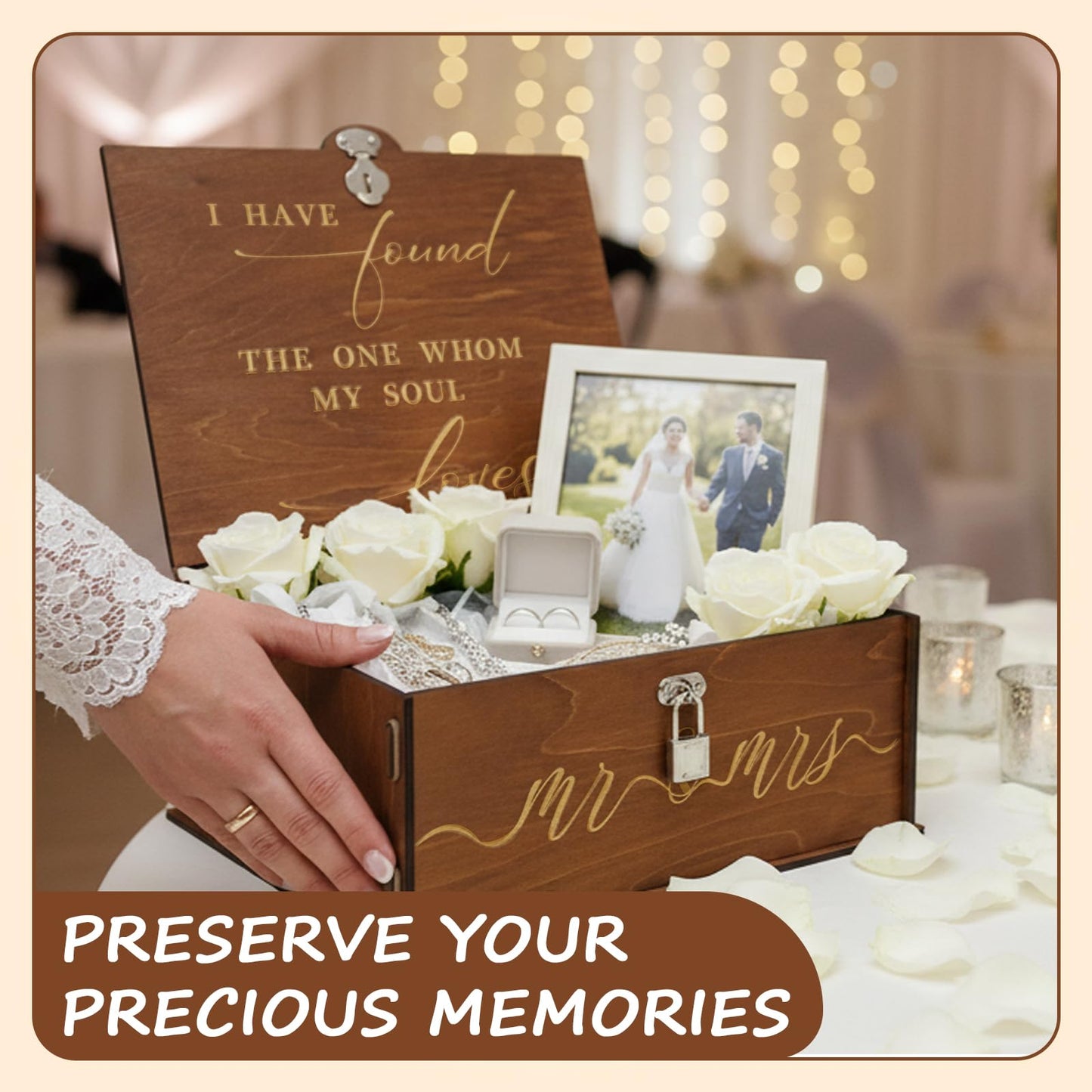 AerWo Mr and Mrs Wedding Keepsake Box, Large Wooden Storage Box with Lid and Lock, Assembled Keepsake Memory Box for Anniversary Engagement Gift, Wedding Memory Box for Couples Newly Engaged