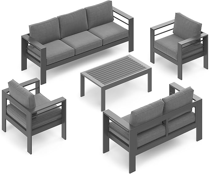 Wisteria Lane 5-Piece Outdoor Patio Furniture Set, Outdoor Sectional Furniture with Upgraded Cushions, Outdoor Conversation Seating Set for Balcony, Garden, Deck, Backyard, Grey