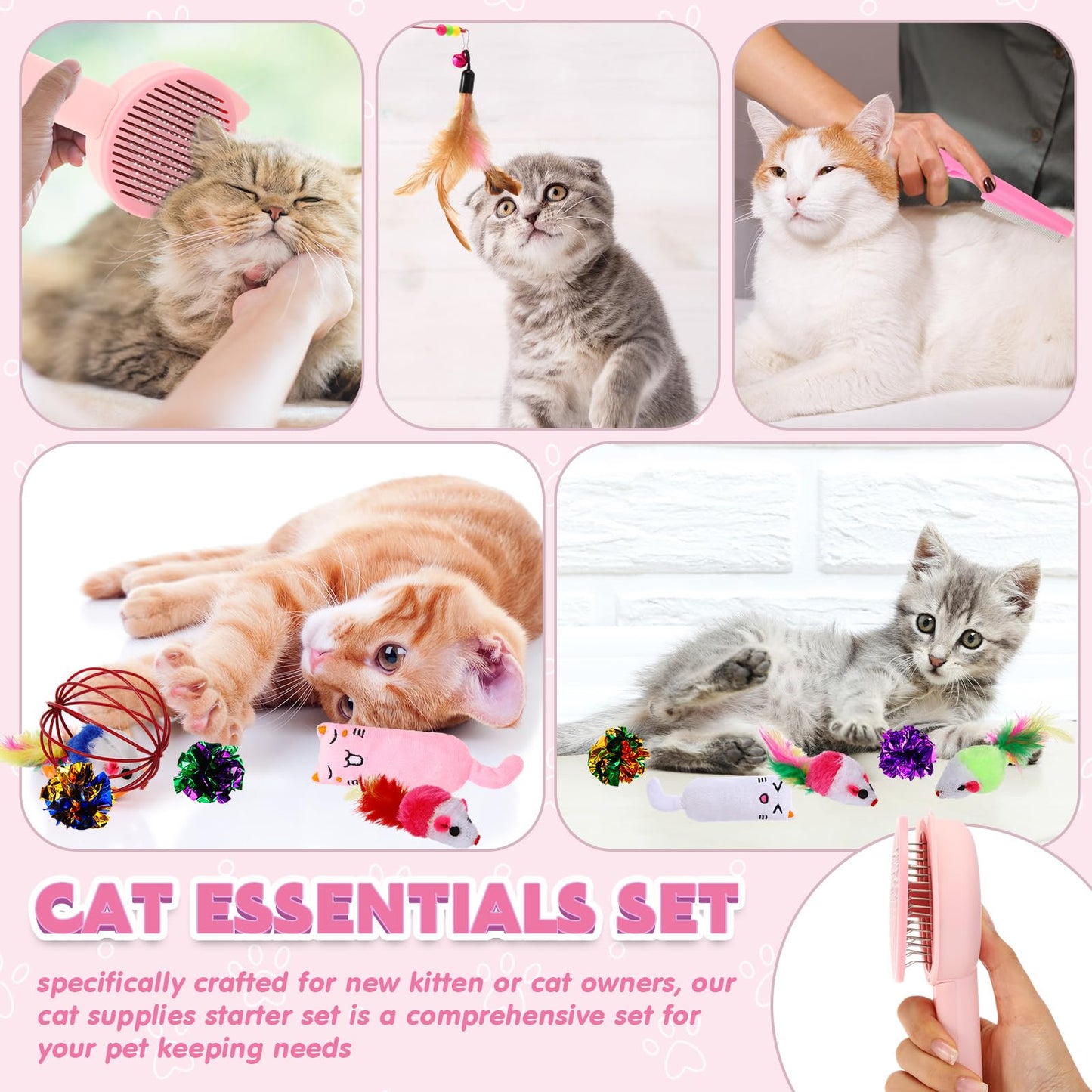 PullCrease 38 Pcs Kitten Supplies Starter Kit Cat Essentials Set Include Cat Scratcher Cardboard Stainless Steel Litter Box Bed Carrier Kitten Toys Accessories for Welcome Gift Supplies