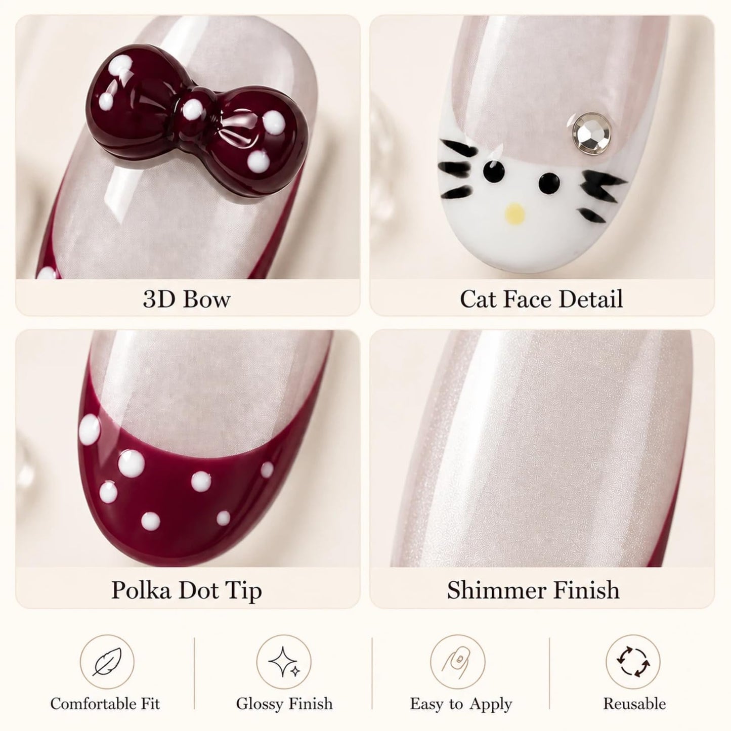 Tesytto Handmade Press on Nails Almond Shape Glossy Reusable False Nails for Nail Art (Cute Cat Polka, M)