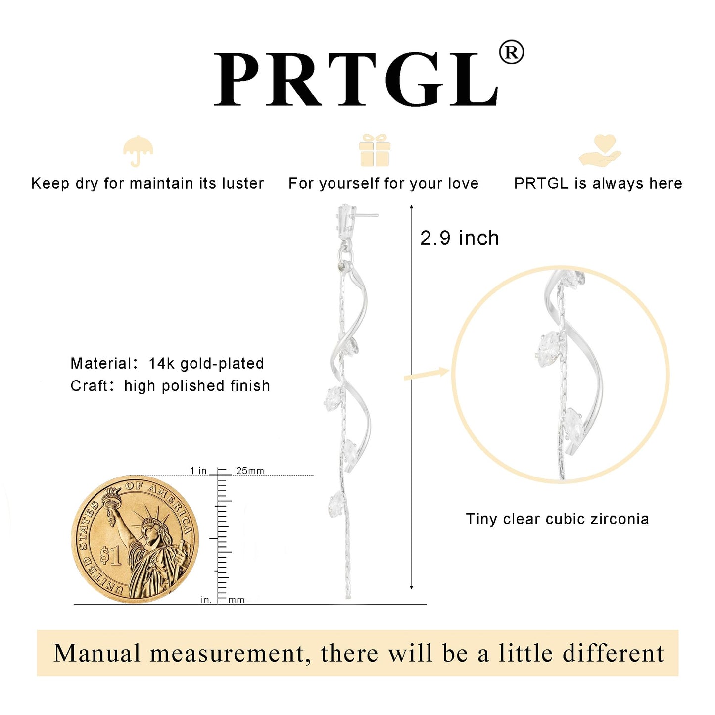 PRTGL Dangle Earrings for Women - 14K White Gold Plated Long Twist Tassel Dangle Earrings with Tiny Cubic Zirconia