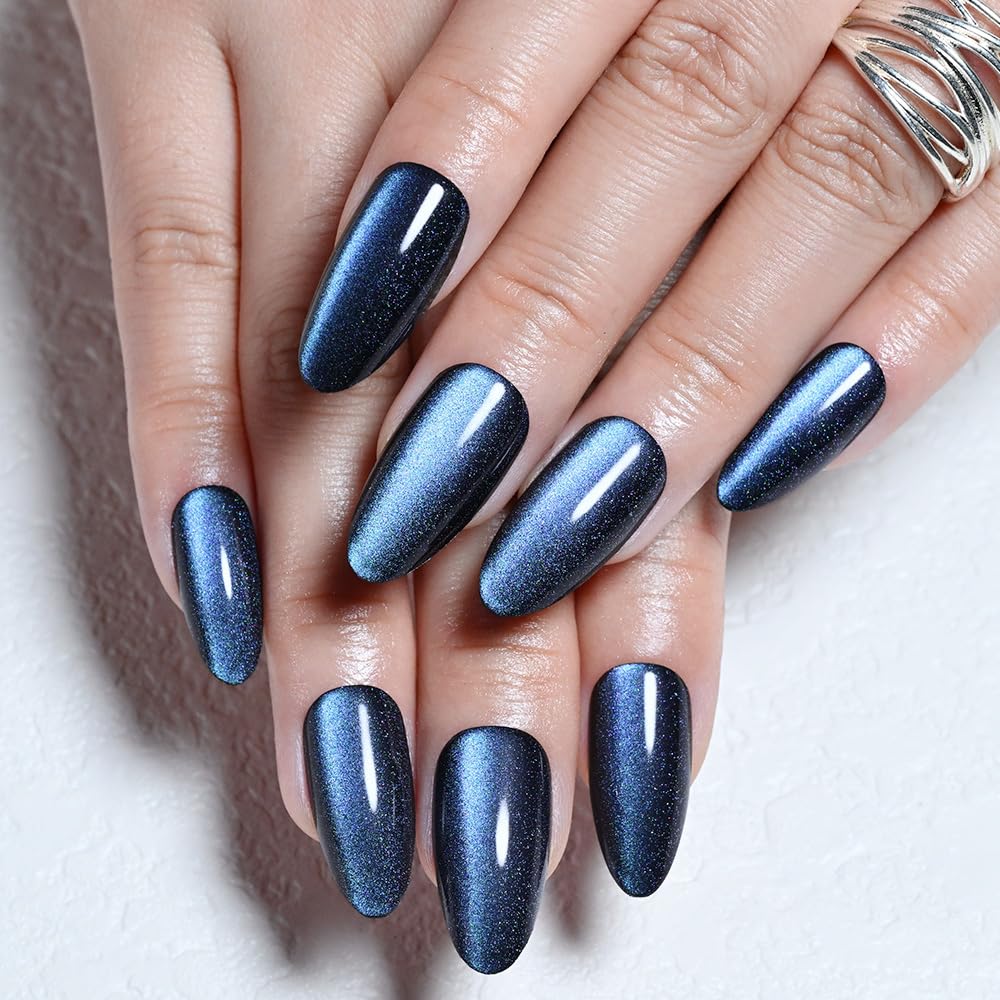 evpct Chameleon Teal Cat Eye Chrome Press on Nails Almond Medium No Glue, Holographic Medium Almond Stick on Fake Nail for Women, Glossy Cat Eye Effect, Perfectly Fit Salon-quality Soft False Nail