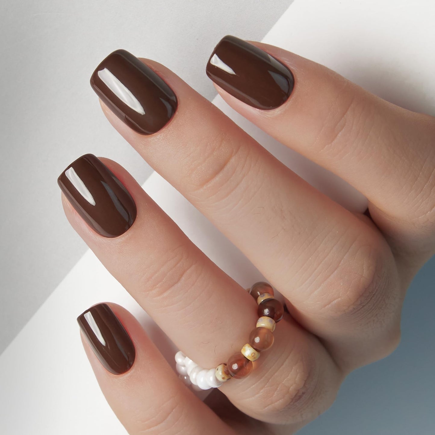 Curvlife Short Square Press On Nails – 30PCS Full Cover False Natural Fit Soft Gel Fake Brown Nails Tips, Easy to Apply at Home Glue On False Nails Kit