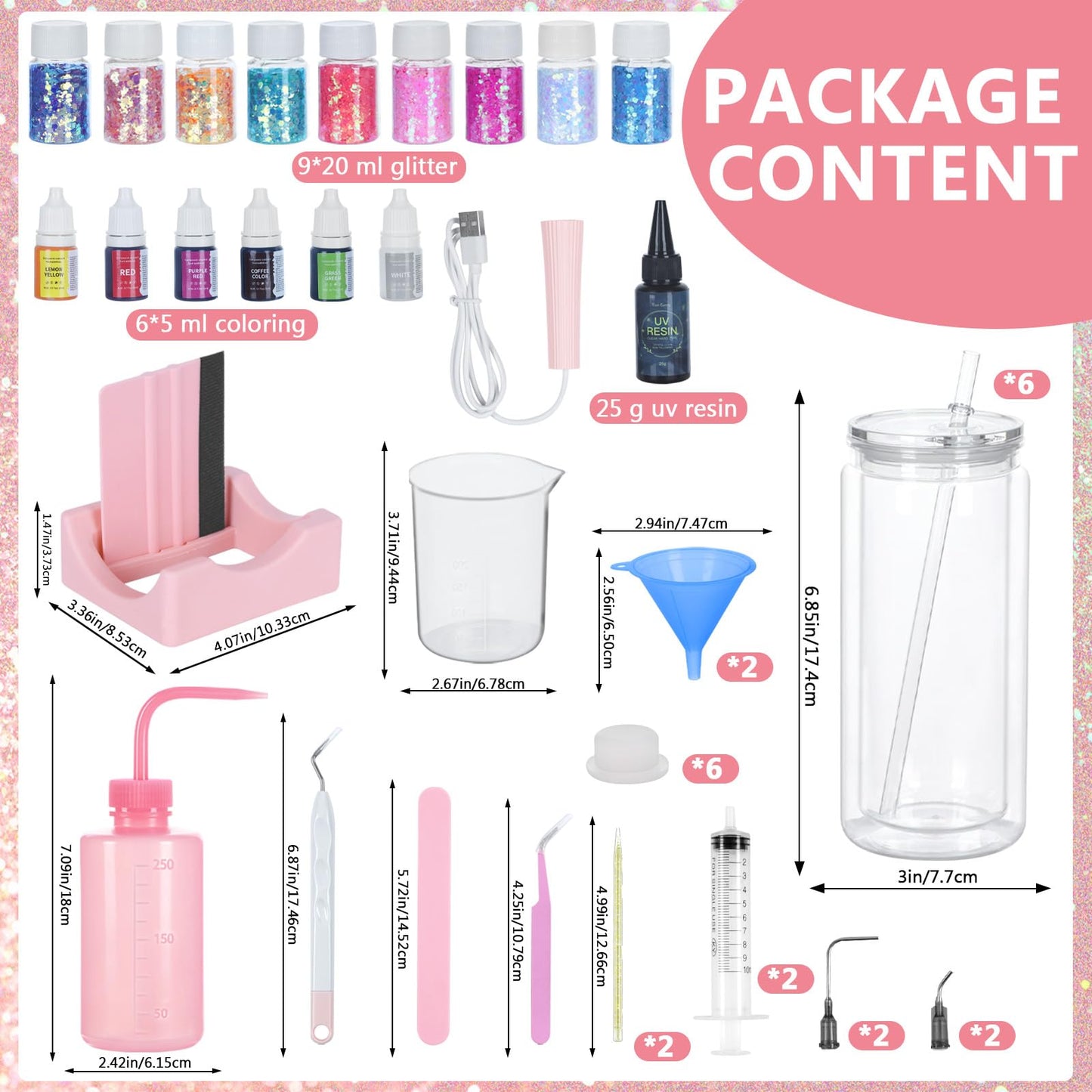 6 Pack 20 Oz Acrylic Snow Globe Tumbler Supplies Starter Kit, Double Wall Plastic Pre-Drilled Snowglobe Tumbler Cup Tool Set, Including Squeeze Bottle Cup Cradle and Scraper etc.