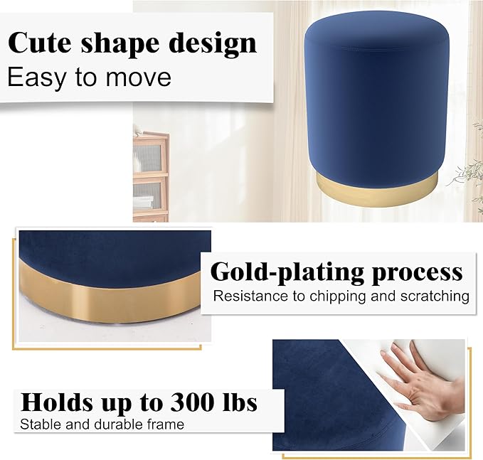 DAGONHIL Modern Round Velvet Ottoman,Upholstered Make-up Short Stools with Gold Plating Base,Foot Stool for Living Room,Pack of 1,Blue