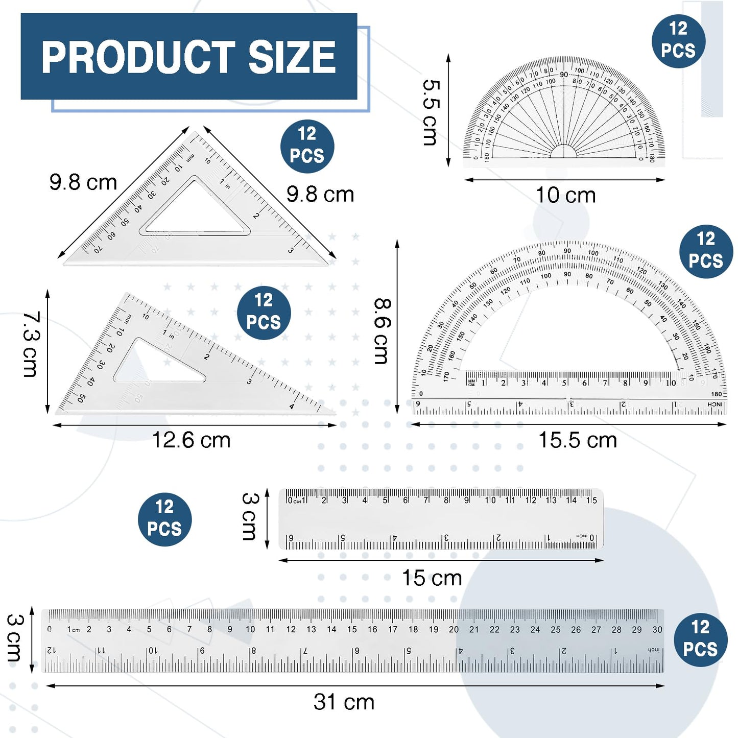 Tenare 72 Pcs Plastic Clear Math Set Includes Protractor Triangle Rulers 12 Inch 6 Inch Straight Geometry Math Transparent Ruler Measuring Tool for Office Home Supplies