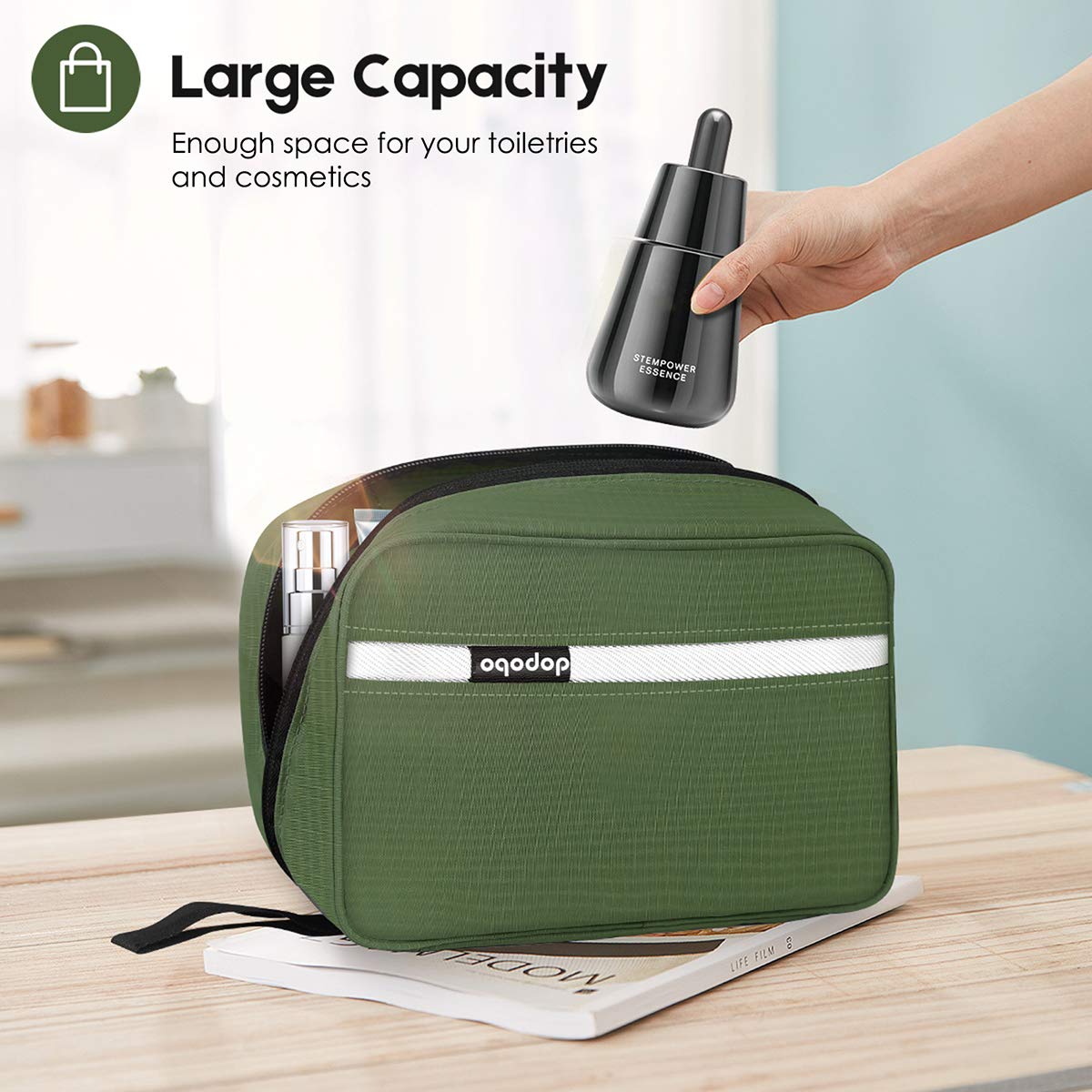 dopobo Travel Toiletry Bag, Dopp Kit Waterproof Makeup Bag Shaving Bag with Hanging Hook, Portable Toiletry Organizer for Traveling and Camping (Army Green)